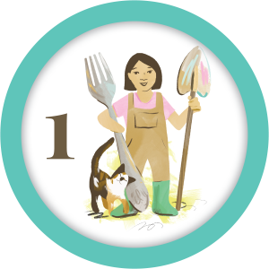 Teal circle with the digit 1 and a woman holding a fork and shovel.