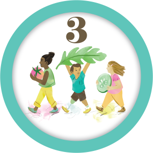Teal circle with the digit 3 and three children carrying vegetables.
