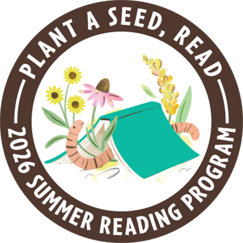 A brown circle around a worm under a green book with flowers, text reads: Plant a seed, read 2026 Summer Reading Program